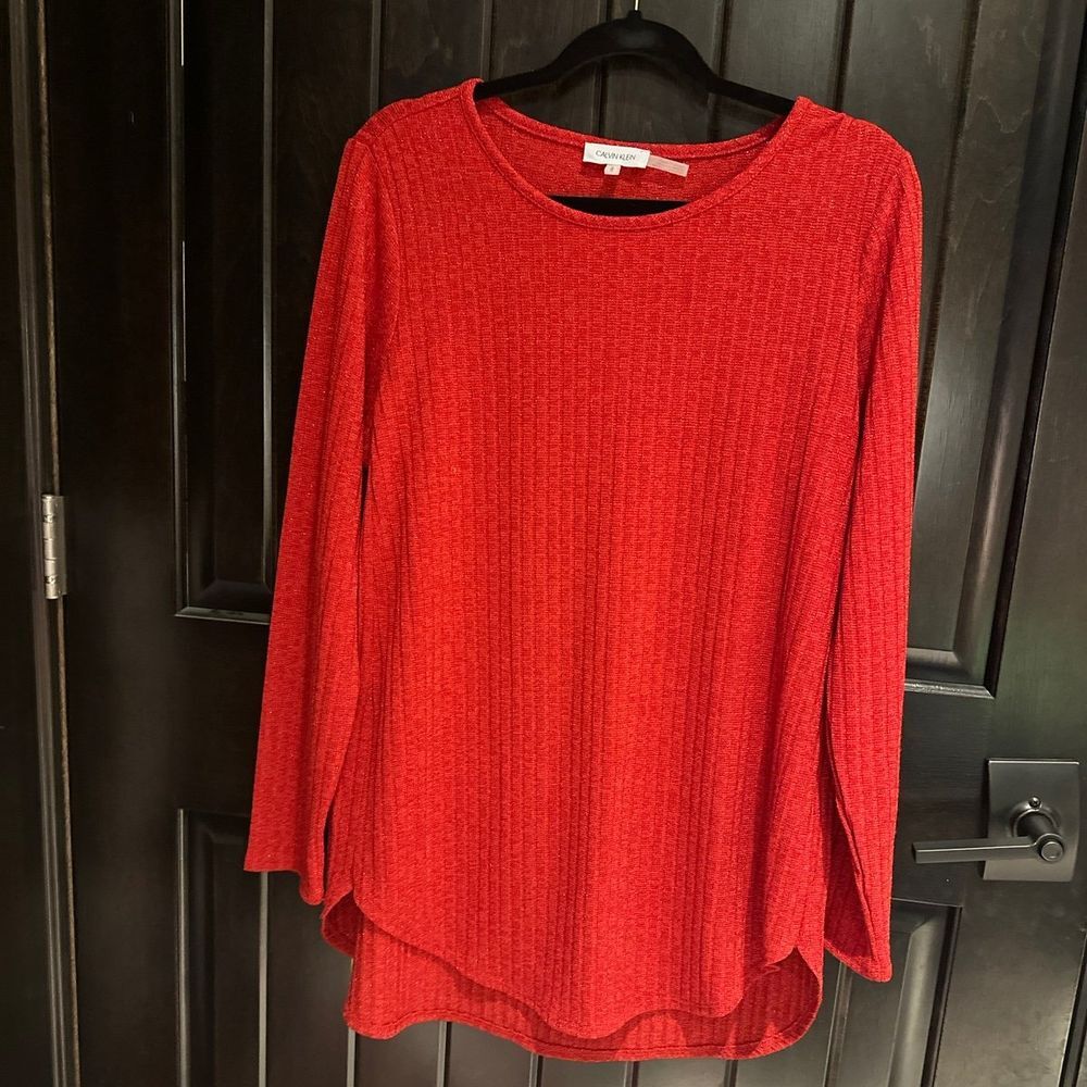 Women's Large Calvin Klein Red Shimmer Tunic Sweater Holiday